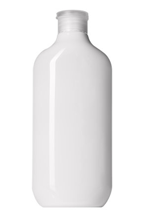 White blank bottle isolated on white background. Beauty product mockup template. Care about hands, face, legs and body skin. Empty place for text or logoの写真素材