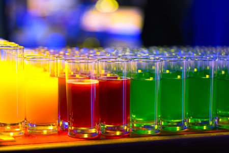 Various juice drinks in glasses in a disco club.の写真素材