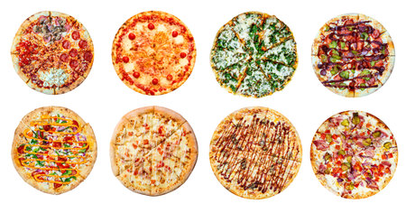 Fresh tasty pizza collage set on white background. Big set of pizzas. Top view. Pepperoni, spinach, meat, carbonara, 4 seasons and others.の写真素材