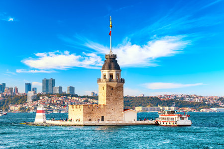 Maiden Tower Kiz Kulesi against blue sky in summer. Istanbul, Turkiye.の写真素材