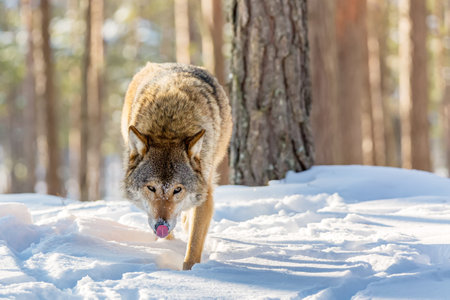 Timber wolf in snowy sunny winter forest. European wolf Canis Lupus in natural habitat. wild lifeの写真素材
