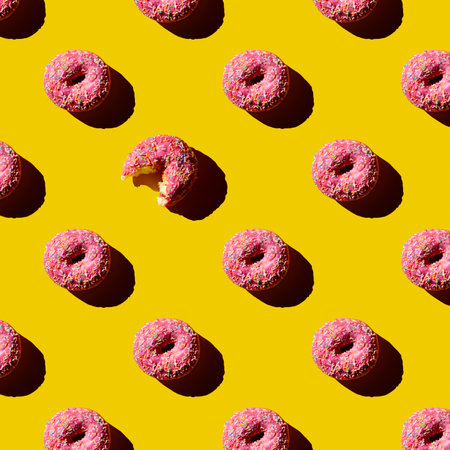 Flat lay pattern of tasty pink donuts with one bitten donut on yellow backgroundの写真素材