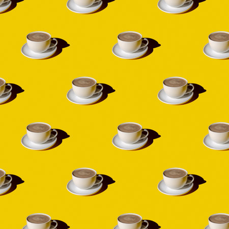 White cup of cappuccino coffee with plate pattern on yellow backgroundの写真素材