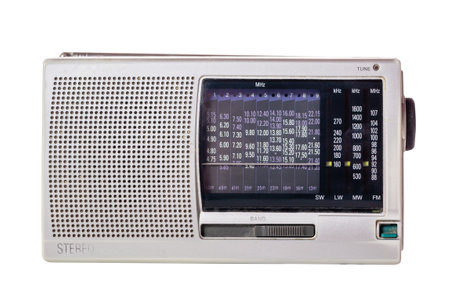 Retro silver portable radio tuner or receiver isolated on white backgroundの写真素材