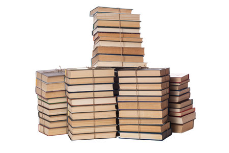Books stacks isolated on a white background. Rope-bound booksの写真素材