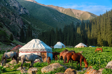 Kyrgyzstan iconic picture. Traditional Kyrgyz yurts with horses in a scenic mountains landscape. Altyn Arashan valley, Karakol city. Nomadic traditionsの写真素材