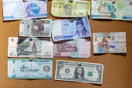 World international banknotes on a board background. US Dollar american money, Russian ruble, Oman, Indian and Uzbekistan currency. Business background.の写真素材