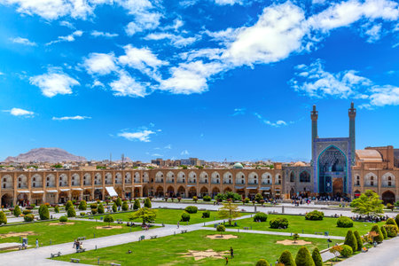 Panoramic view of Naqsh-e Jahan Square with historic Imam Mosque or Shah Mosque in Isfahan, Iran.の写真素材