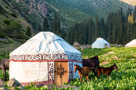 Kyrgyzstan iconic picture. Traditional Kyrgyz yurts with horses in a scenic mountains landscape. Altyn Arashan valley, Karakol city. Nomadic traditionsの写真素材