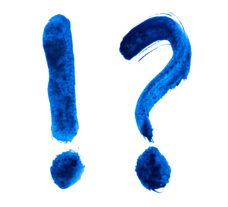Hand drawn paint blue brush stroke question mark and exclamation mark isolated on white background.の写真素材