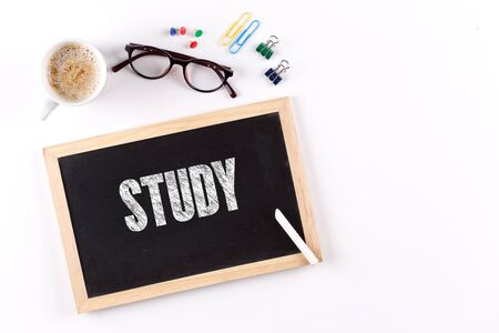 STUDY word on Chalkboard with Coffee Cup, view from above