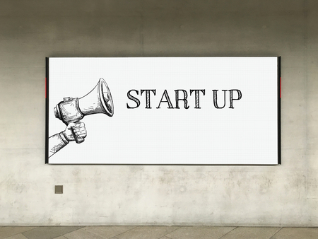 MEGAPHONE ANNOUNCEMENT START UP ON BILLBOARDの写真素材