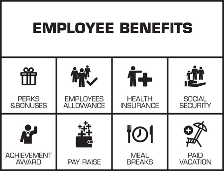 Employee Benefits. Chart with keywords and icons on yellow background