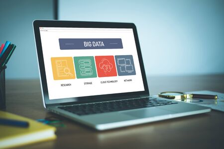 BIG DATA ICON CONCEPT ON LAPTOP SCREENの写真素材