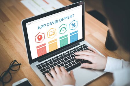 App Development Innovation User Experience App Design Testing Word With Iconsの写真素材