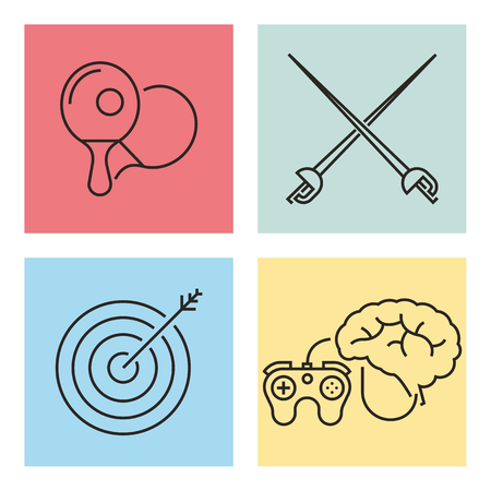 A vector illustration of a sword, table tennis racket, target board and game controller beside a brain icon. Sports And Fitness Conceptのイラスト素材