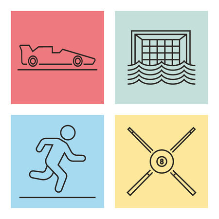 A vector illustration of football goal net, a running man and a billiard ball and cue stick. Sports And Fitness Conceptのイラスト素材