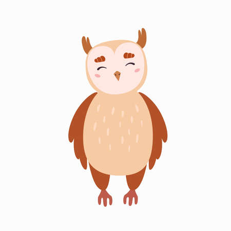 Cute vector owl character with folded wings. Flat-style illustration on a white backgroundのイラスト素材