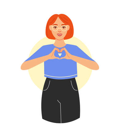 Concept of love, support, care. Girl shows emotion of love with gestures. Flat vector illustration on an isolated white background.のイラスト素材