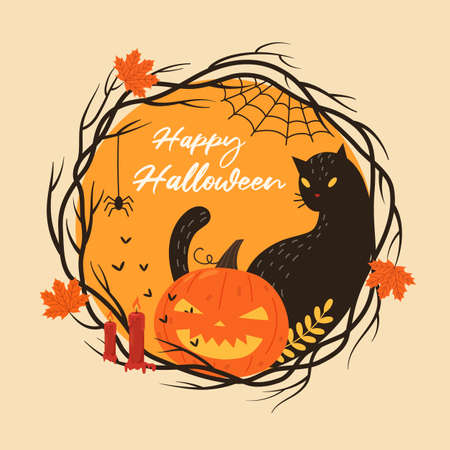 Halloween card with a pumpkin and a cat in a round frame made of branches. flat vector illustrationのイラスト素材