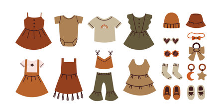 Set of cute boho baby objects. Vector flat illustration for a baby room, clothes, postcards, prints.のイラスト素材