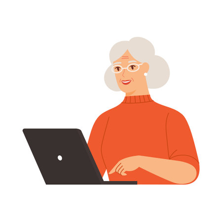 Happy senior woman with laptop. Freelaner working online or person studying online. Vector flat illustration on a white isolated background.のイラスト素材