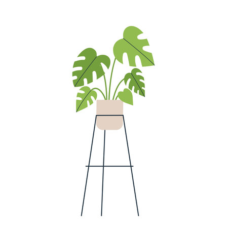 Abstract monstera on floor stand. Clipart houseplant. Vector flat illustration.のイラスト素材