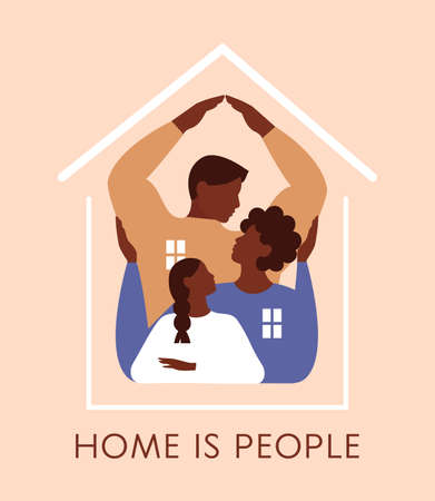 Family supports each other. Home is people poster. House silhouette. Concept of love, support and care. Vector flat illustrationのイラスト素材