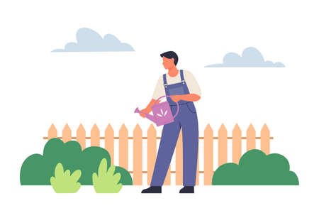 Man watering plants in the garden. Gardener working. Plant sprout growing and cultivation. Spring gardening concept. Flat vector illustration.のイラスト素材