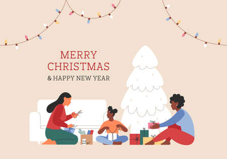 Merry Christmas background. Family making and packing gifts. People prepare gifts for family and friends. Flat vector illustration.のイラスト素材