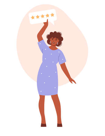 Happy female customer gives 5 star rating. Feedback concept. Flat vector illustration.のイラスト素材