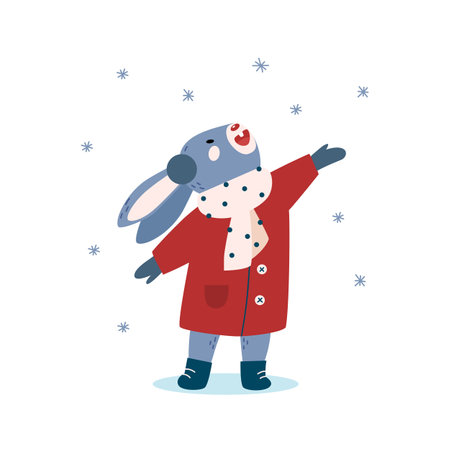 christmas bunny character. Rabbit in winter clothes on a background of snow.のイラスト素材