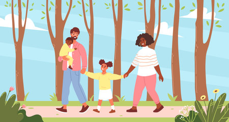 Happy family walks in the park. Parents and children spending time together. Flat vector illustration.のイラスト素材