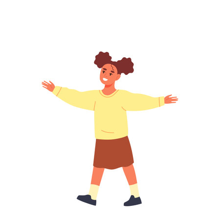 Smiling little girl with raised hands. Flat vector illustration.のイラスト素材