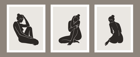 Set of female figures posters. Feminine concept. Abstract body art design for print, wall decor, cover, wallpaper.のイラスト素材