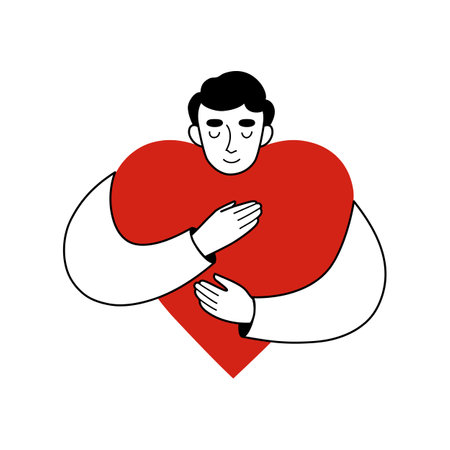 Young man embraces a heart with love. Self love, care, self help concept. linear vector illustrationのイラスト素材