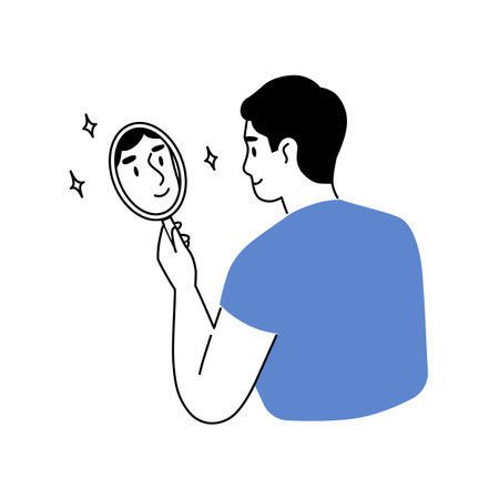 Young man looking through the mirror and smiling. Love yourself, self care, self acceptance concept. Line vector illustration.のイラスト素材