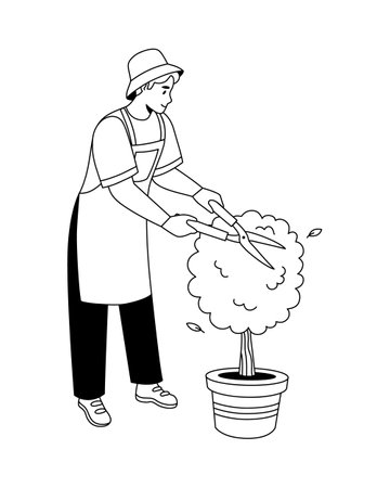 Gardening man cutting bush in the garden. spring gardening concept. Line vector illustration.のイラスト素材
