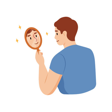 Young man looking through the mirror and smiling. Love yourself, self care, self acceptance concept. Vector flat illustration.のイラスト素材
