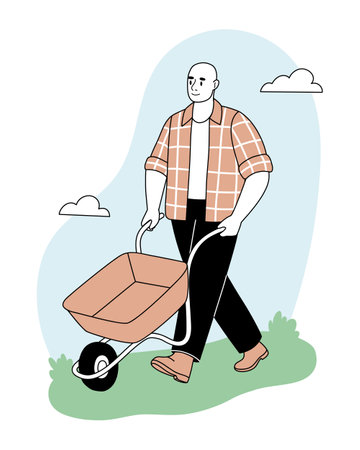 Gardening man with wheelbarrow. Spring garden concept. Vector flat illustration.のイラスト素材