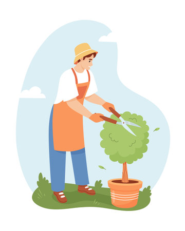Gardening man cutting bush in the garden. Spring garden concept. Vector flat illustration.のイラスト素材