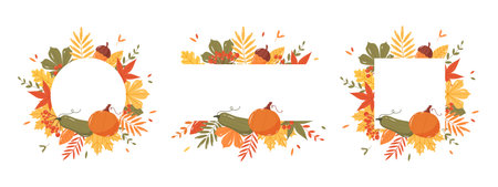 Set of autumn banners with leaves, pumpkins and acorns. Flat vector illustration.のイラスト素材