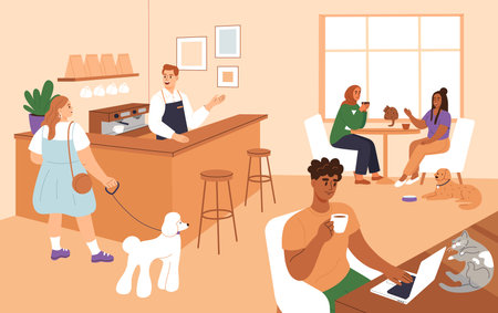 People in pet friendly cafe with cats and dogs. Concept of Pet Friendly Cafe. Flat vector illustration.のイラスト素材