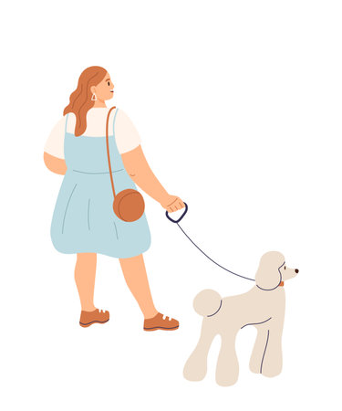 Female character walking with dog. human and pet concept. Flat vector illustration.のイラスト素材