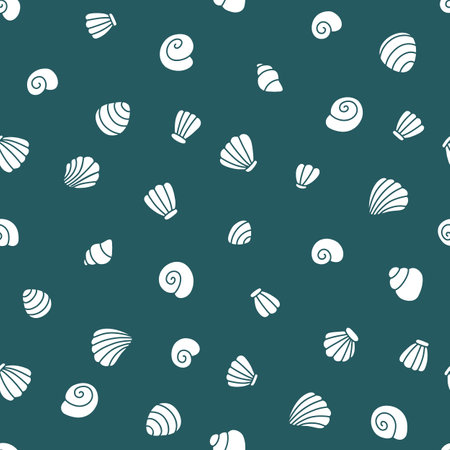Seamless pattern with seashells on blue background. Flat vector illustration.のイラスト素材