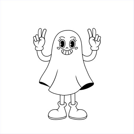 Comic retro cartoon ghost character with happy smile face. Groovy vector illustration in line style.のイラスト素材