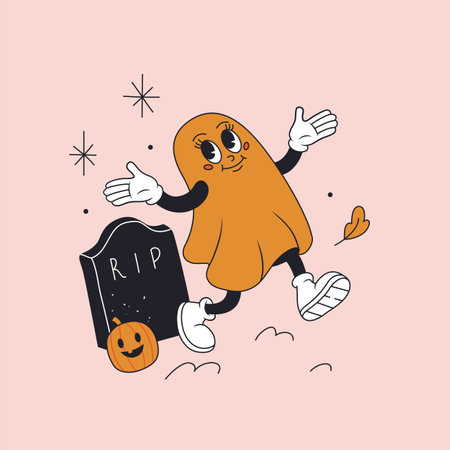 Halloween greeting card with retro cartoon ghost, pumpkin. Greeting card, poster, template. Vector illustration in vintage style.のイラスト素材