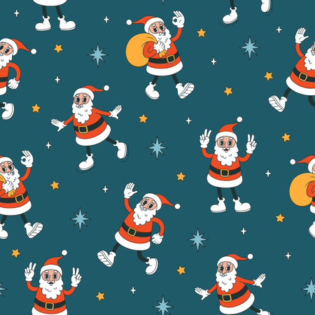 Christmas seamless pattern with cartoon Santa Claus. Groovy funky vector illustration in retro style.のイラスト素材
