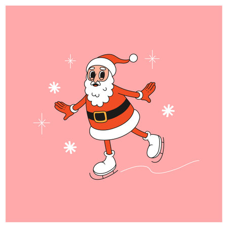 Merry Christmas card with cartoon Santa Claus on skates. Greeting card, poster, template. Vector illustration in retro style.のイラスト素材