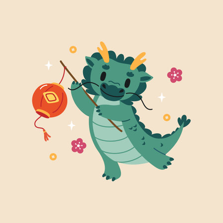 Chinese dragon holding chinese paper lantern. Chinese new year 2024, year of the dragon. Vector flat illustration.のイラスト素材
